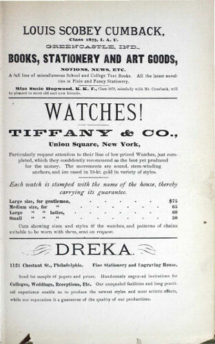 Louis Scoobey Cumback Advertisements, April 1884 (image)